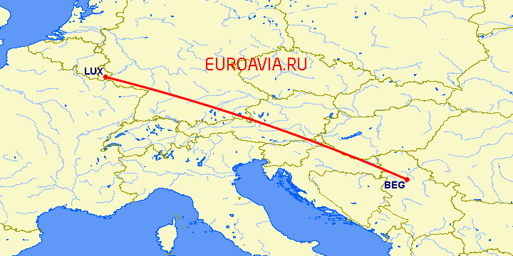 перелет Белград — Люксембург на карте