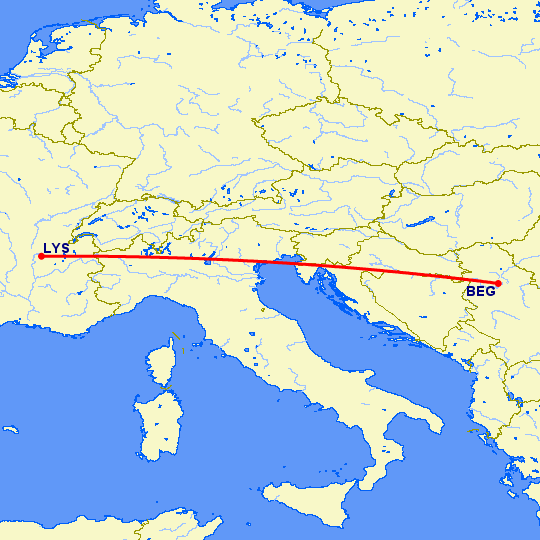 перелет Белград — Лион на карте