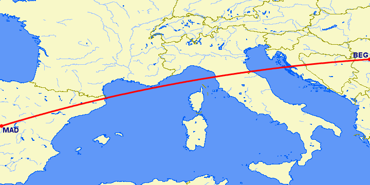 перелет Белград — Мадрид на карте