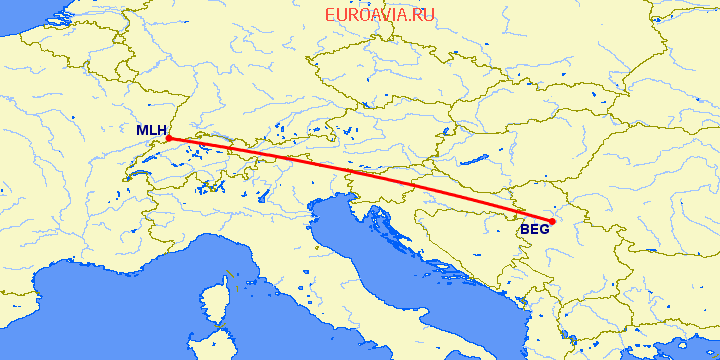 перелет Белград — Базель Мюлуз на карте