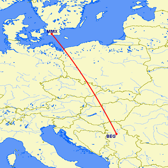 перелет Белград — Малмо на карте