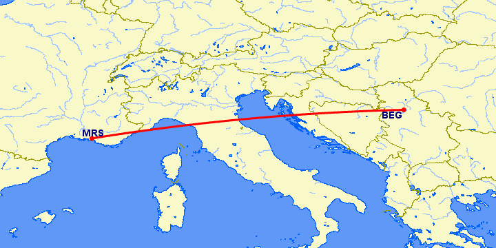 перелет Белград — Марсель на карте