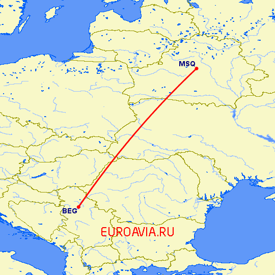 перелет Белград — Минск на карте