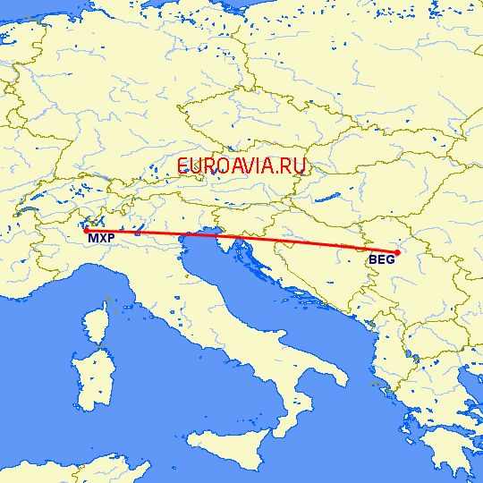 перелет Белград — Милан на карте