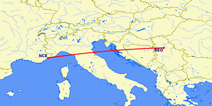перелет Белград — Ницца на карте