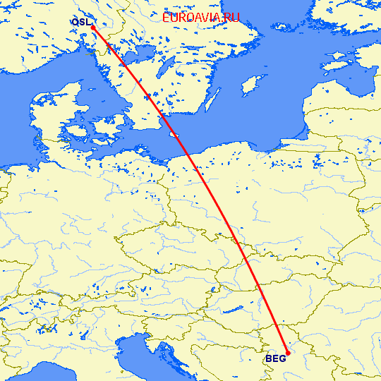 перелет Белград — Осло на карте