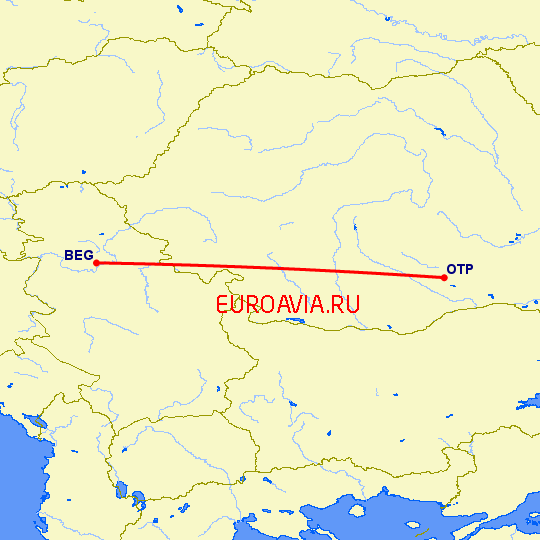 перелет Белград — Бухарест на карте