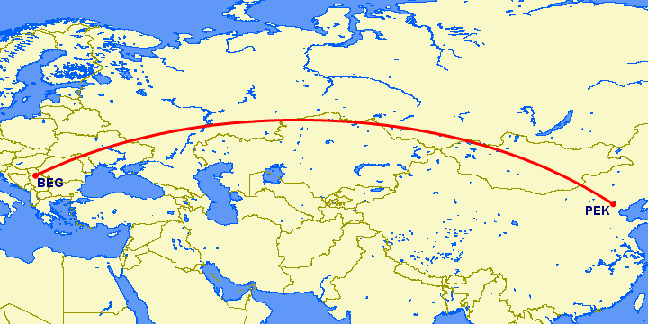 перелет Белград — Пекин на карте