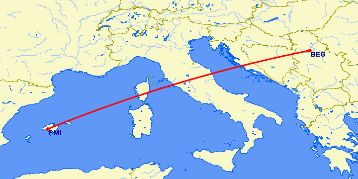 перелет Белград — Пальма де Майорка на карте