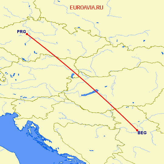 перелет Белград — Прага на карте