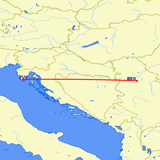 перелет Белград — Пула на карте