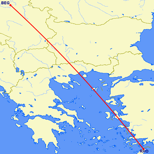 перелет Белград — Родос на карте