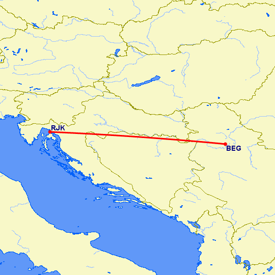 перелет Белград — Риека на карте