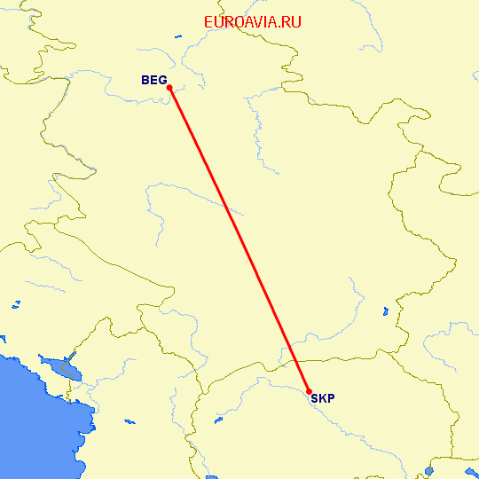 перелет Белград — Скопье на карте