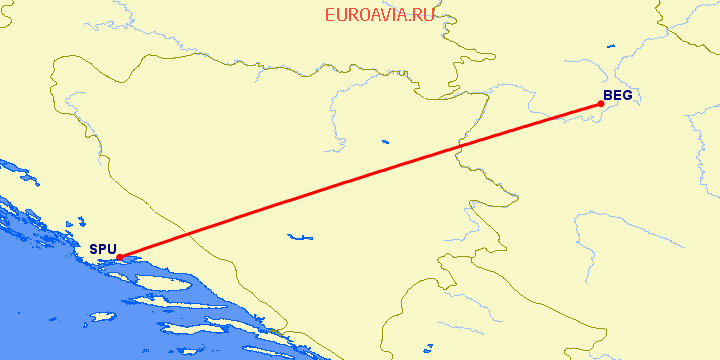перелет Белград — Сплит на карте