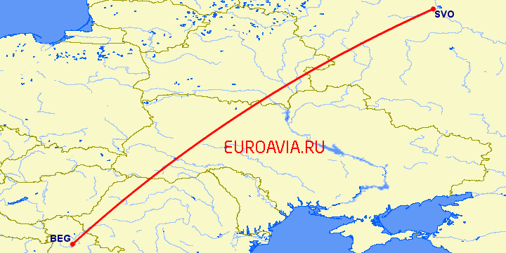 перелет Белград — Москва на карте
