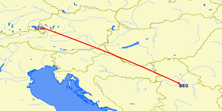 перелет Белград — Зальцбург на карте