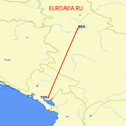 перелет Белград — Подгорица на карте