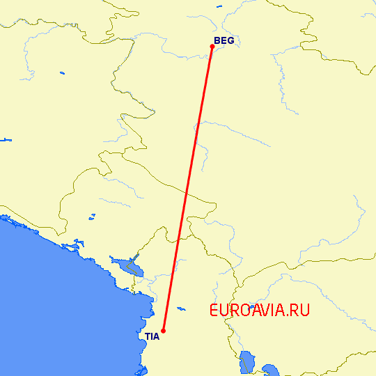 перелет Белград — Тирана на карте