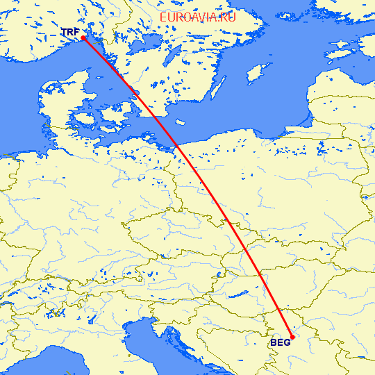 перелет Белград — Осло Торп на карте