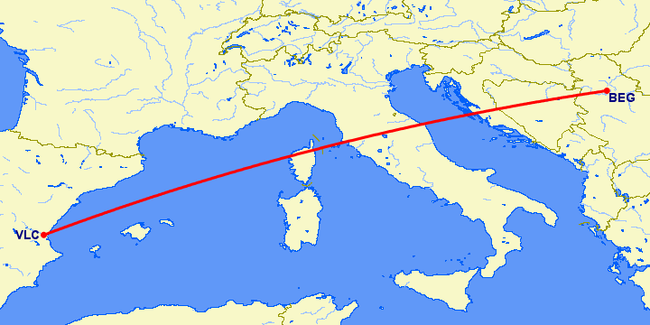 перелет Белград — Валенсия на карте