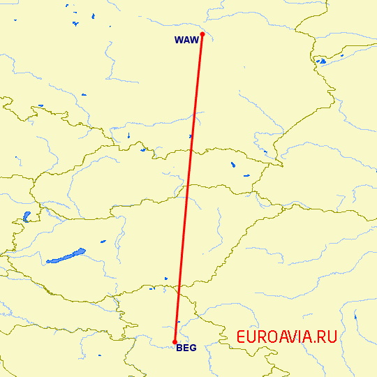 перелет Белград — Варшава на карте