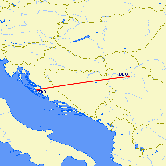 перелет Белград — Задар на карте
