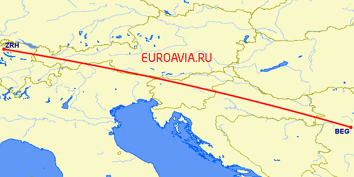 перелет Белград — Цюрих на карте