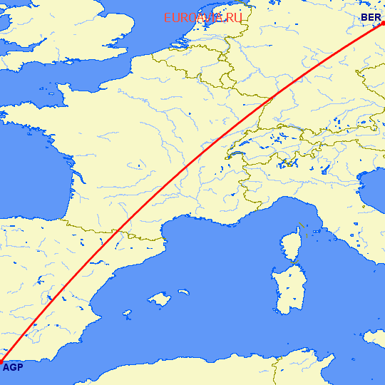 перелет Берлин — Малага на карте