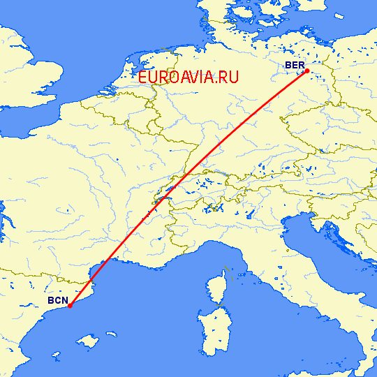 перелет Берлин — Барселона на карте