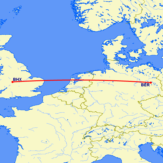 перелет Берлин — Бирмингем на карте