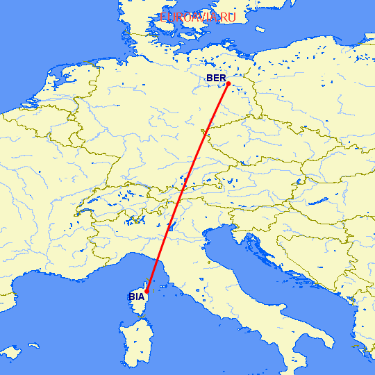 перелет Берлин — Бастия на карте