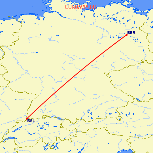 перелет Берлин — Базель-Мюлуз на карте
