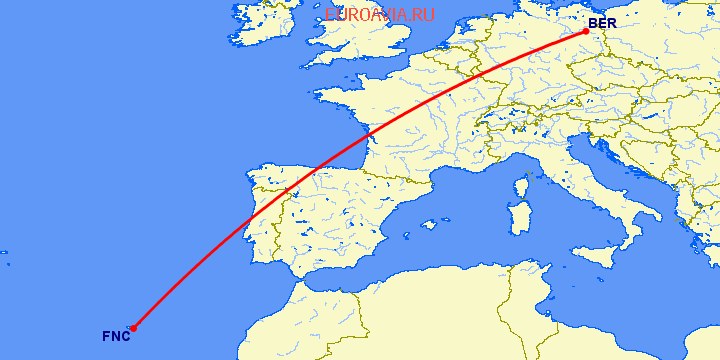 перелет Берлин — Фуншал  на карте