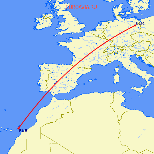 перелет Берлин — Пуэрто дель Росарио на карте