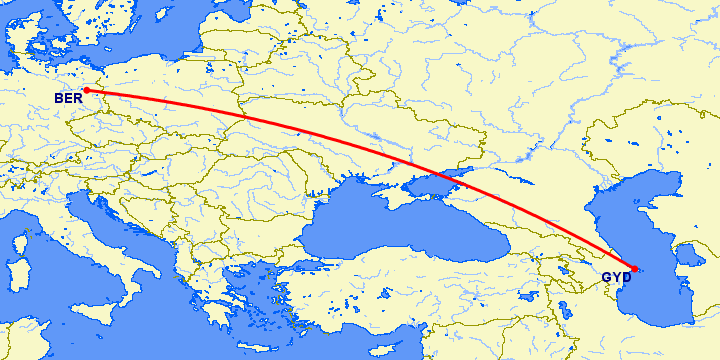 перелет Берлин — Баку на карте