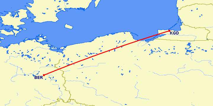 перелет Берлин — Калининград на карте