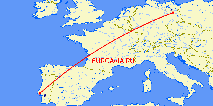 перелет Берлин — Лиссабон на карте