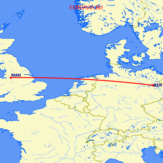 перелет Берлин — Манчестер на карте