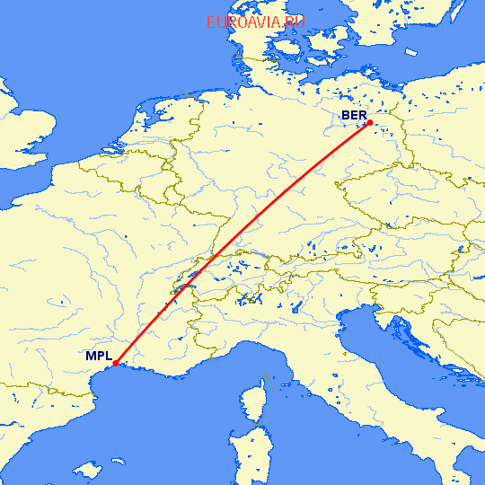 перелет Берлин — Монпелье на карте
