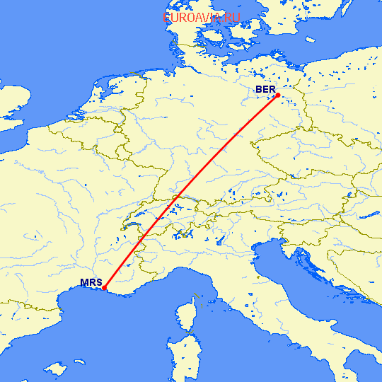 перелет Берлин — Марсель на карте
