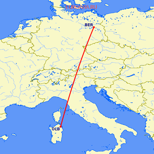 перелет Берлин — Costa Smeralda на карте