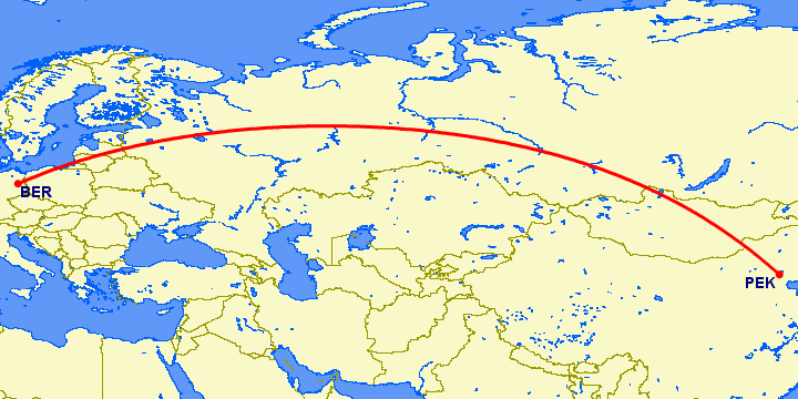 перелет Берлин — Пекин на карте