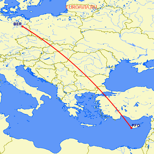 перелет Берлин — Пафос на карте