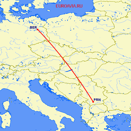 перелет Берлин — Приштина на карте
