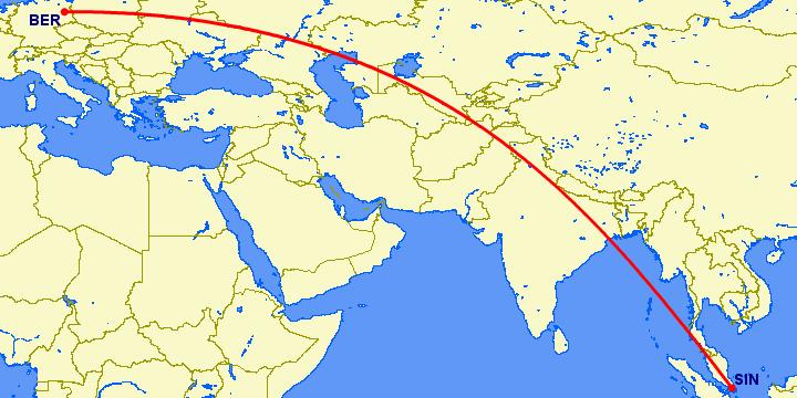 перелет Берлин — Сингапур на карте