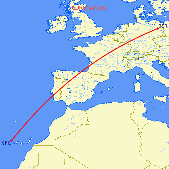 перелет Берлин — Санта Крус де Ла Пальма на карте