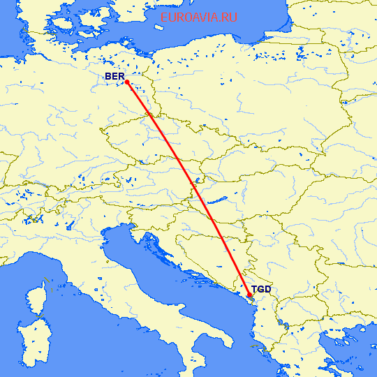 перелет Берлин — Подгорица на карте