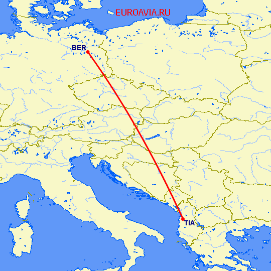 перелет Берлин — Тирана на карте
