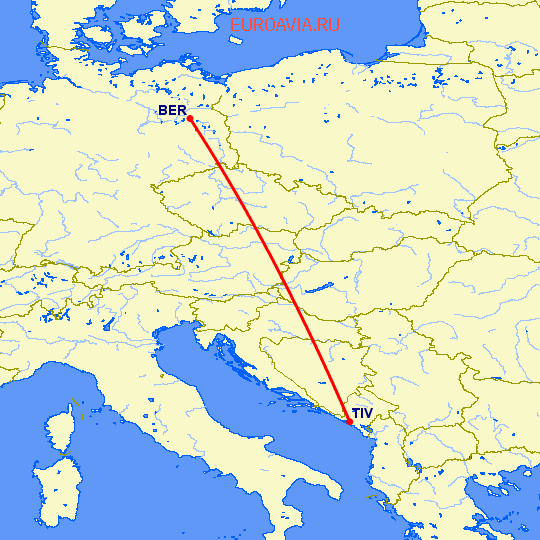 перелет Берлин — Тиват на карте